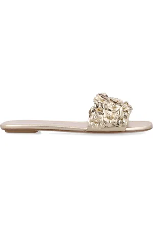 Stuart Weitzman Skor, Dam, 41 EU, Läder, Gyllene Stängd Platt Slide med Blomsterdekorationer