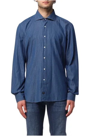 FAY Skjorta, Herr, M, Denim, Tvättad Fransk Krage Skjorta