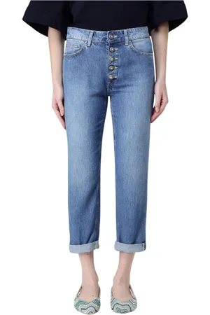 Dondup Jeans, Dam, W29, Bomull, Blå Straight Leg Jeans Med Knappgylf
