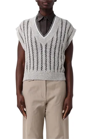Brunello Cucinelli Stickade tröjor & koftor, Dam, L, Bomull, Gul Stickad Ärmlös Väst