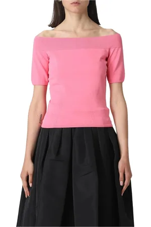 Alexander McQueen Stickade tröjor & koftor, Dam, L, Rosa Stickad Off-Shoulder Topp