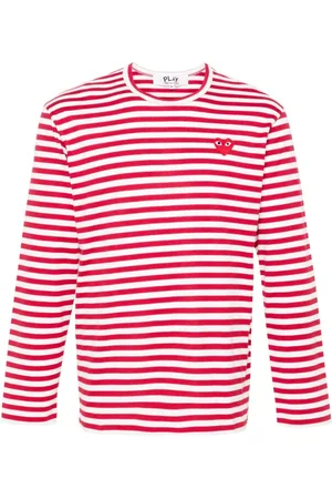 Comme des Garçons Topp, Herr, XL, Bomull, Randig hjärtmärke rund hals T-shirt