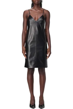 Saint Laurent Klänning, Dam, M, Läder, Svart Läder Slip Klänning V-ringning