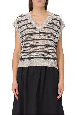 Brunello Cucinelli Stickade tröjor & koftor, Dam, XS, Linne, Multifärgad Randig Stickad Ärmlös Väst