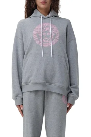 VERSACE Sweatshirts & Hoodies, Dam, S, Bomull, Lyxig Grå Hoodie Avslappnad Passform