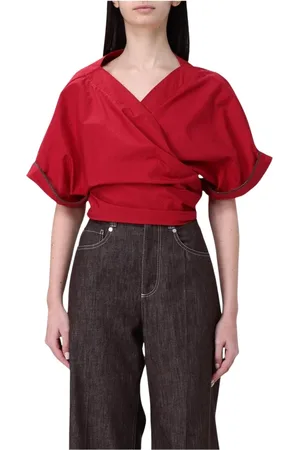 Brunello Cucinelli Blusar & Skjortor , Dam, M, Röd V-ringad Wrap Topp Korta ärmar