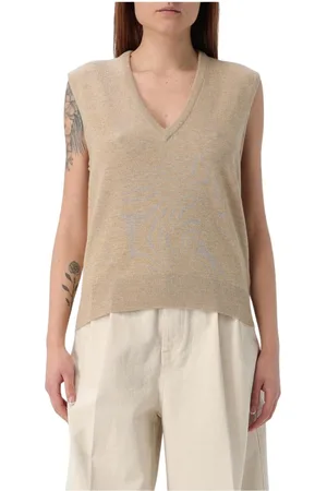 Maison Margiela Stickade tröjor & koftor, Dam, L, Kashmir, Brun Ärmlös V-ringad Tröja