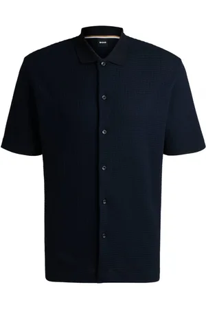 HUGO BOSS Skjorta, Herr, 3Xl, Bomull, Kortärmad Marinblå Skjorta med Våffeltextur