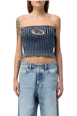 Diesel Topp, Dam, L, Denim, Räfflad Stickad Axelbandslös Topp med Cutout