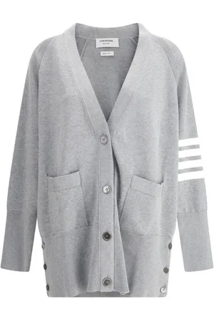 Thom Browne Stickade tröjor & koftor, Dam, 2Xs, Bomull, Randig V-ringad Oversized Kofta med Fickor