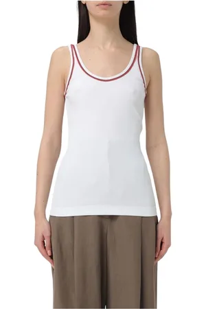 Brunello Cucinelli Topp, Dam, 2Xl, Bomull, Vit Ribbad Tanktop Elegant Stil