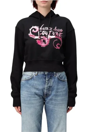 VERSACE Sweatshirts & Hoodies, Dam, M, Bomull, Svart Cropped Hoodie Snygg Bekväm