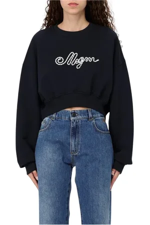 Msgm Sweatshirts & Hoodies, Dam, M, Bomull, Blå Logo Broderad Sweatshirt