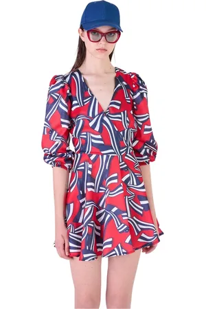 Silvian Heach Klänning, Dam, XL, Polyester, Mönstrad kort klänning med V-ringning och ballongärmar