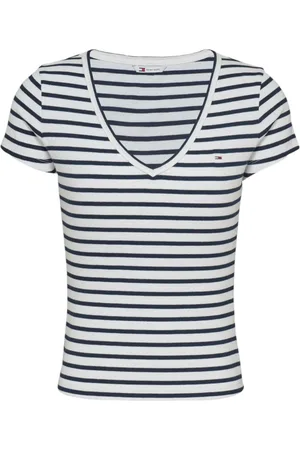 Tommy Hilfiger Stickade tröjor & koftor, Dam, L, Bomull, Randig V-ringad T-shirt för kvinnor