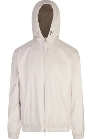 Moncler Jacka, Herr, L, Läder, Vit Vinterrock Läder Logotyp Huva