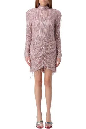 ROTATE Klänning, Dam, S, Rosa Sequin Mini Klänning med Ruched Fransar