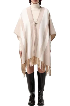 FAY Jacka, Dam, ONE Size, Randig ullponcho med fransar