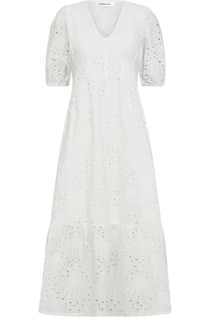 Co`Couture Klänning, Dam, XS, Bomull, Vit Anglaise Veck Klänning