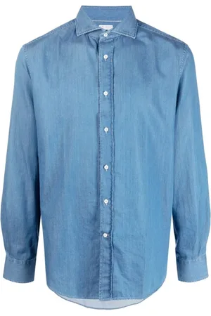 Brunello Cucinelli Skjorta, Herr, L, Denim, Denim Skjorta med Spetsig Krage och Knappstängning