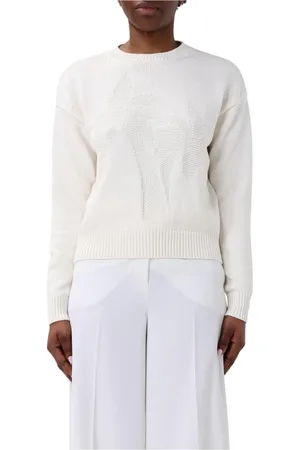 Max Mara Stickade tröjor & koftor, Dam, M, Bomull, Vit Stickad Tröja med Broderad Detalj