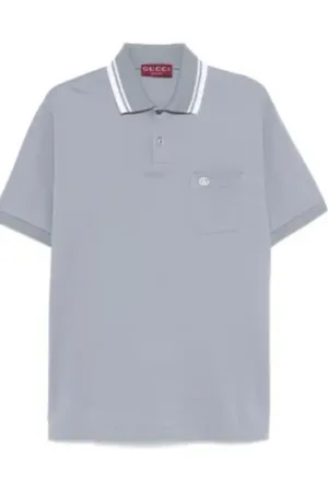 Gucci Topp, Herr, L, Bomull, Stål Blå Polo Skjorta med Ficka