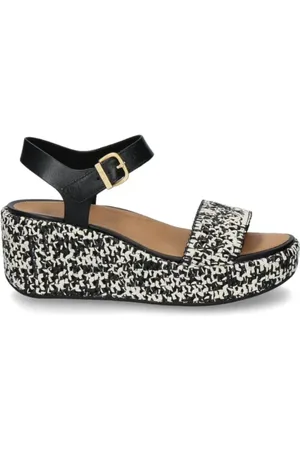 FitFlop Skor, Dam, 37 EU, Läder, Svart kil sandal med läder och syntetiskt vävt raffia