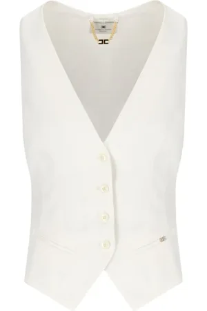 Elisabetta Franchi Jacka, Dam, L, Polyester, Ivory V-Neck Linen Vest