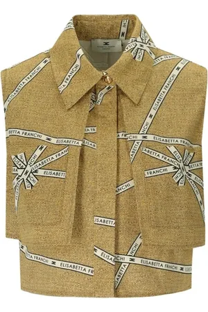 Elisabetta Franchi Jacka, Dam, M, Bomull, Raffia Effect Cropped Skjorta i Beige