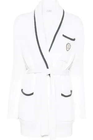 Brunello Cucinelli Stickade tröjor & koftor, Dam, S, Bomull, Vit Cardigan med Logo Patch
