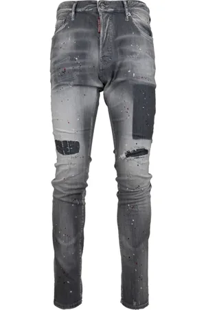 Dsquared2 Jeans, Herr, M, Läder, Mäns Knapp Jeans med Läder Patch