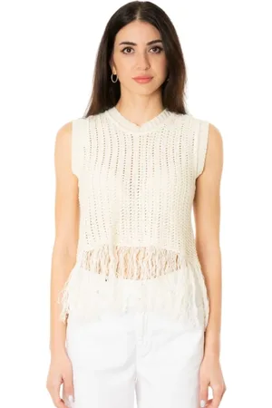 Max Mara Stickade tröjor & koftor, Dam, L, Linne, Fringe Stickad Linne i Vit