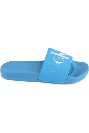 Calvin Klein Skor, Dam, 40 EU, Bomull, Blå Canvas Logga Slides Kvinnor