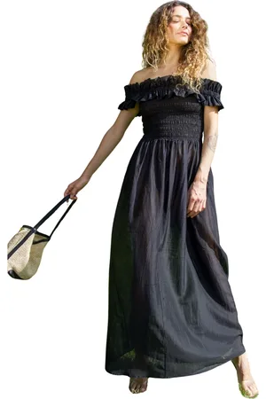 Crās Klänning, Dam, XS, Polyester, Off-shoulder Smock Maxi Klänning Svart
