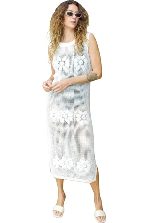 Crās Klänning, Dam, 2Xl, Blommig Stickad Midi Klänning med Slits