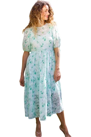 Crās Klänning, Dam, S, Polyester, Blommig Midi Klänning med Puffärmar