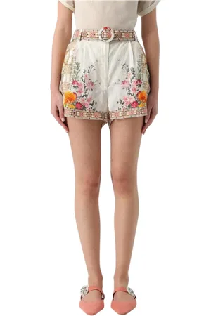 Camilla Shorts, Dam, M, Linne, Vit Blommig Linne Shorts med Bälte