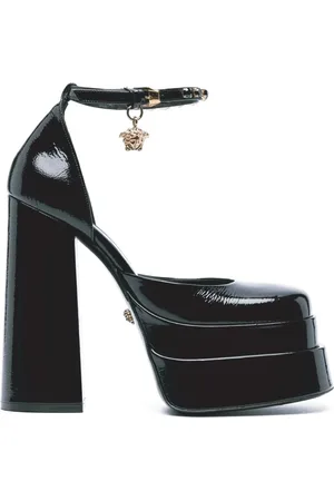 VERSACE Skor, Dam, 36 EU, Läder, Svarta Läderplattforms Sandaler