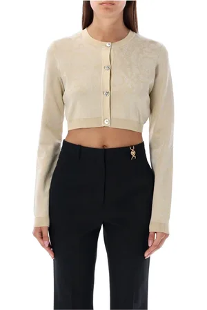 VERSACE Stickade tröjor & koftor, Dam, S, Barockstickad Kofta Ljus Sand Guld