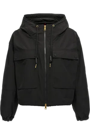 Moncler Jacka, Dam, L, Bomull, Svarta Jackor med Justerbar Huva