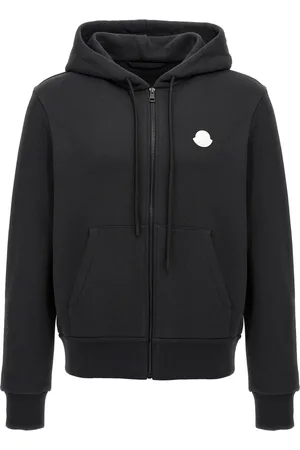 Moncler Sweatshirts & Hoodies, Herr, L, Bomull, Svart huvtröja med dragkedja och sidofickor