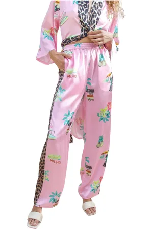 Crās Byxor, Dam, XL, Polyester, Hawaii Print Kimono Stil Byxor