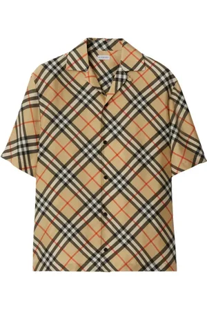 Burberry Skjorta, Herr, 3Xl, Rutig Sidens Camp Krage Skjorta