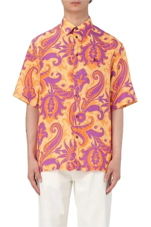 Etro Skjorta, Herr, L, Linne, Orange Paisley Linne Polo Skjorta