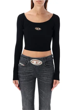 Diesel Topp, Dam, M, Polyester, Svart Ribbad Crop Top med Metalllogo