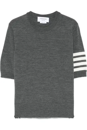 Thom Browne Stickade tröjor & koftor, Dam, S, Grå Crew Neck Sweater med Sheer Sleeves