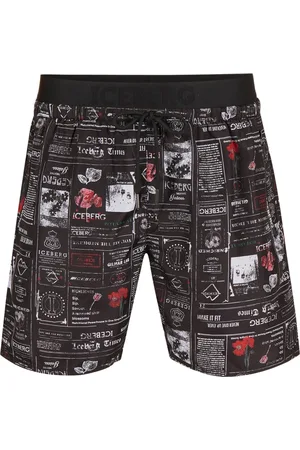 Iceberg Badkläder, Herr, L, Svarta badshorts med tidningsmönster, midjeband, dragsko och kontrasterande logotyp