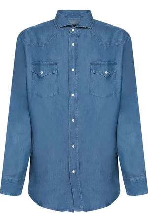 Brunello Cucinelli Skjorta, Herr, L, Denim, Blå Denim Western Skjorta