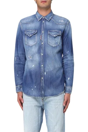Dsquared2 Skjorta, Herr, L, Denim, Sliten Denim Skjorta Långa ärmar