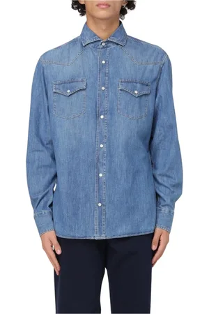 Brunello Cucinelli Skjorta, Herr, S, Denim, Blå Denim Western Skjorta